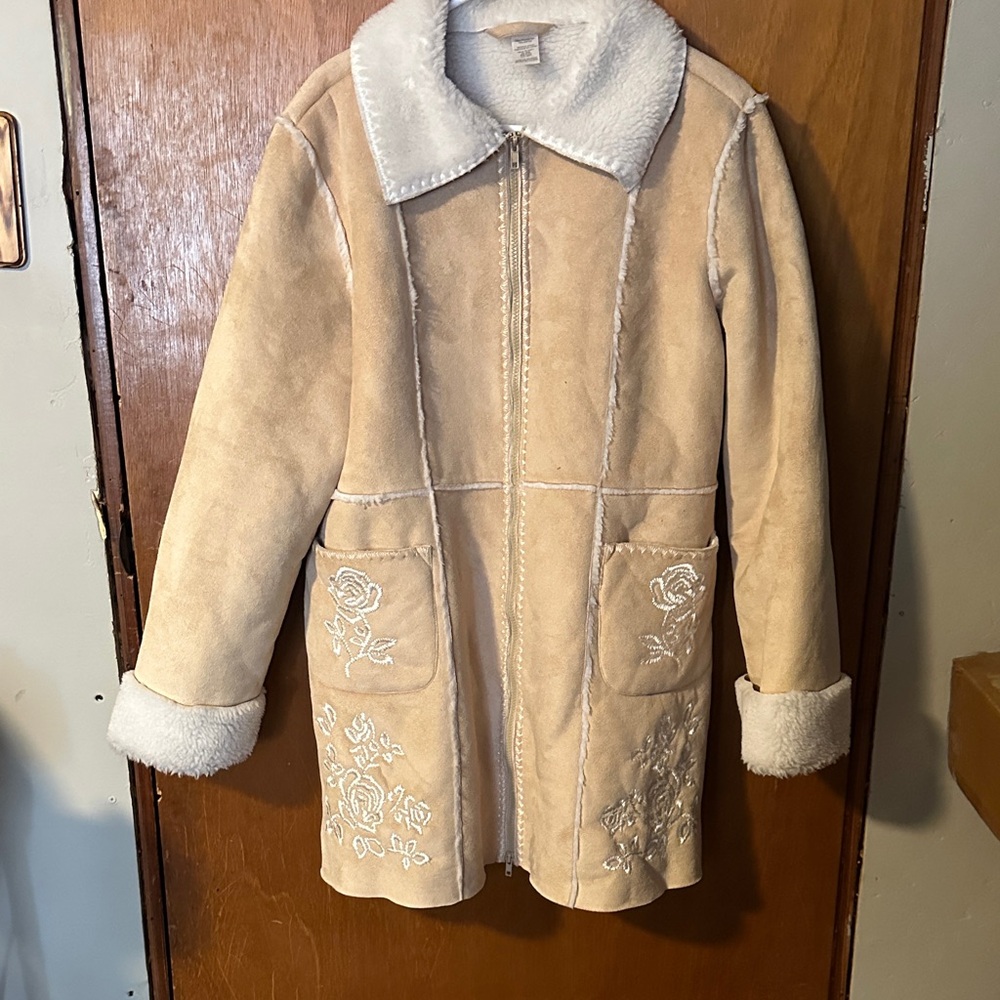 Beige Embroidered Coat with White Fur Trim